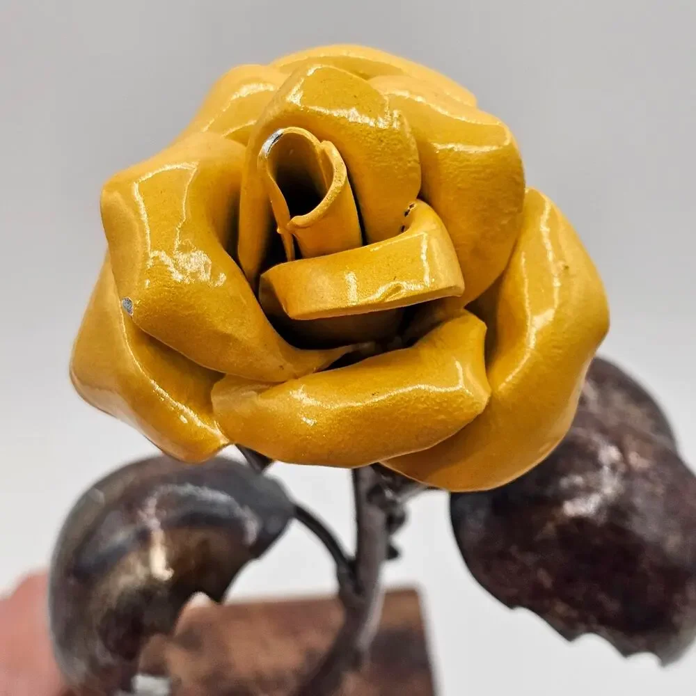Signed Hand Forged Metal Rose Sculpture Yellow Heat Painted Blacksmith Art 2019